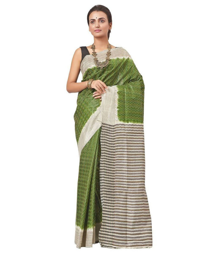 Biswa bangla handwoven green tussar silk saree with kantha jalchiri work