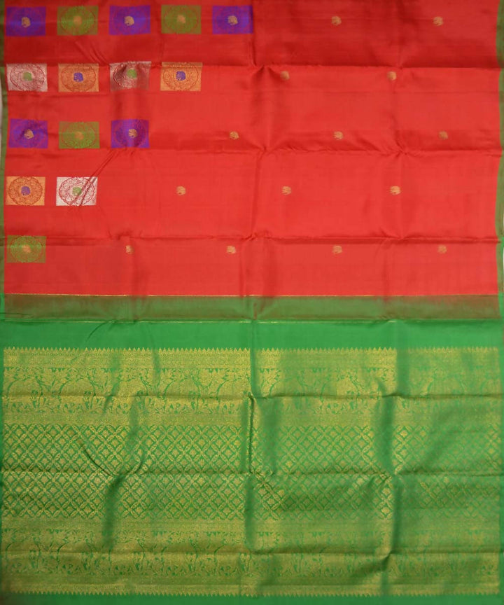 Tomato Red Green Handloom Meenakari Butta Work Dharmavaram Silk Saree