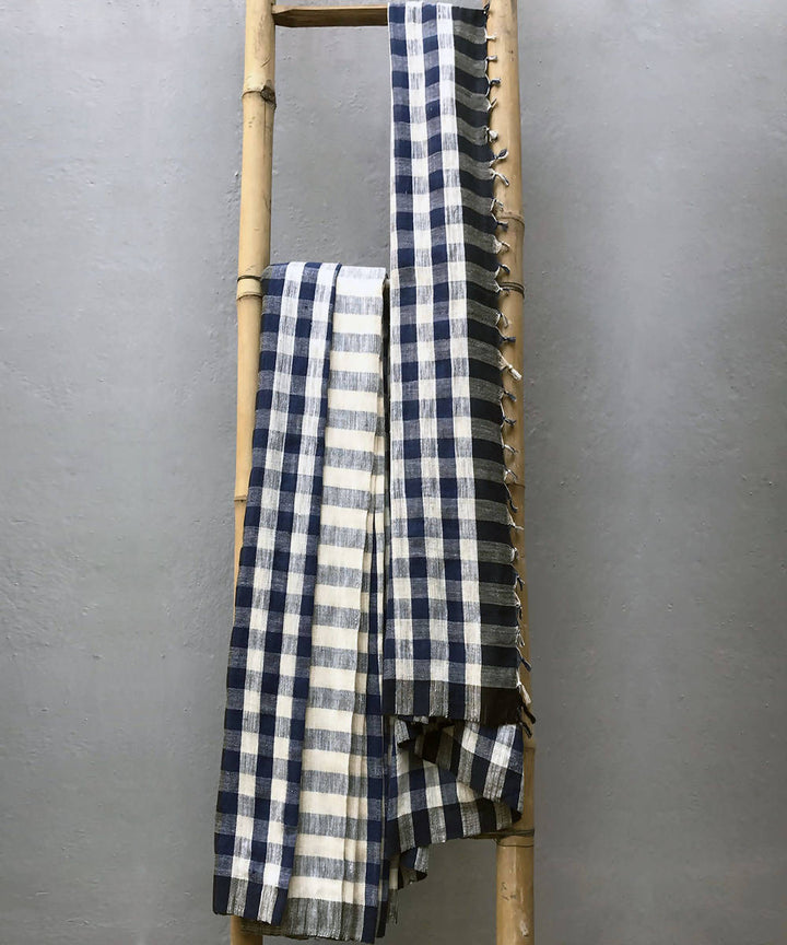 Blue white handspun handwoven cotton saree