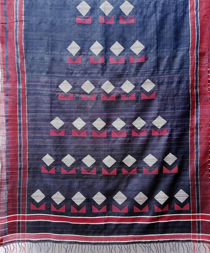 Blue white handwoven extra weft mulberry silk saree