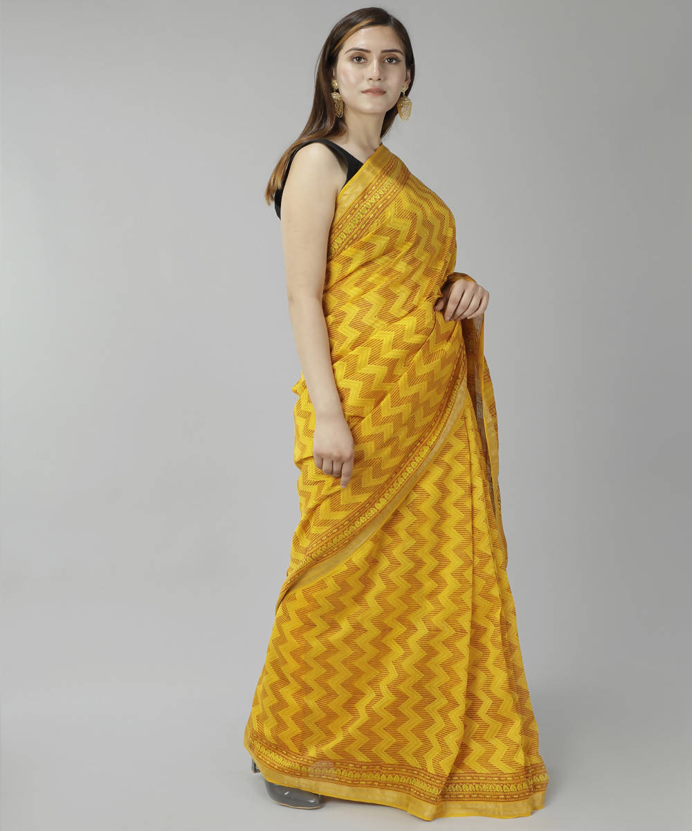 Mustard yellow bagru handblock printed cotton silk saree
