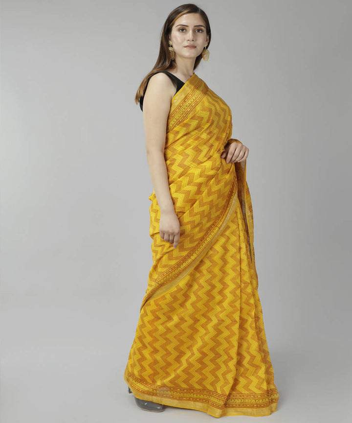 Mustard yellow bagru handblock printed cotton silk saree