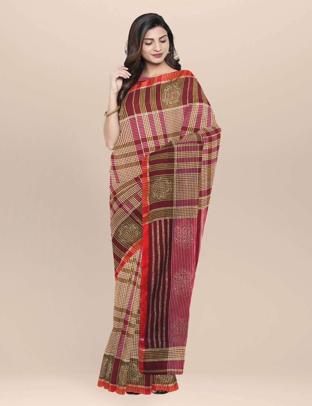 Maroon Cotton Handwoven Checks and Hand Block Printed Saree