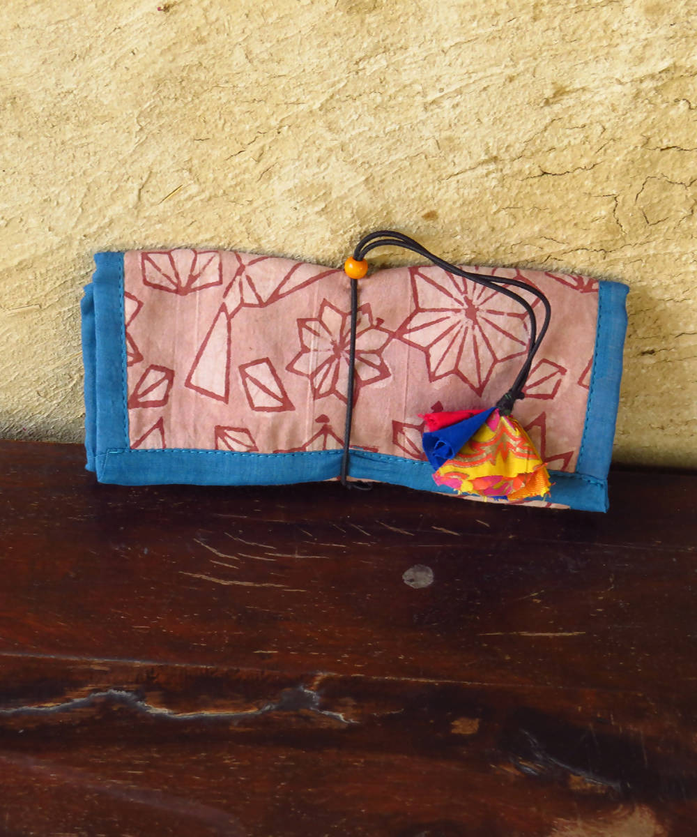 Brown blue vegetable dyed cloth wire organiser pouch