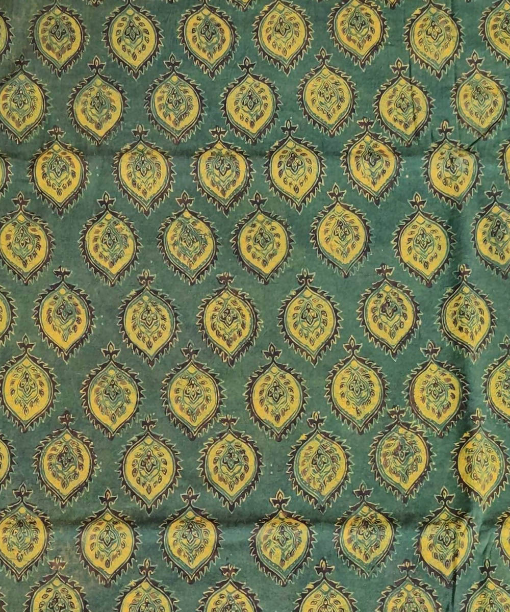 2.5m Green yellow natural dye ajrakh print handspun cotton fabric