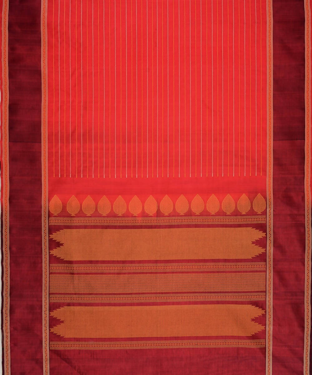 Red kanjivaram silk cotton thread work veldhari stripe saree