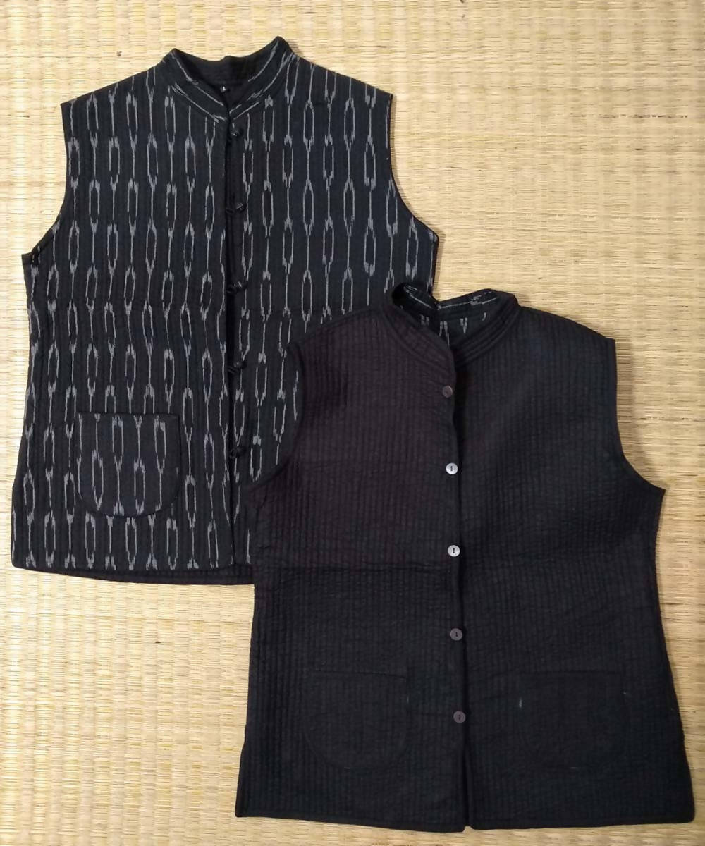 black ikkat handwoven reversible unisex quilted jacket