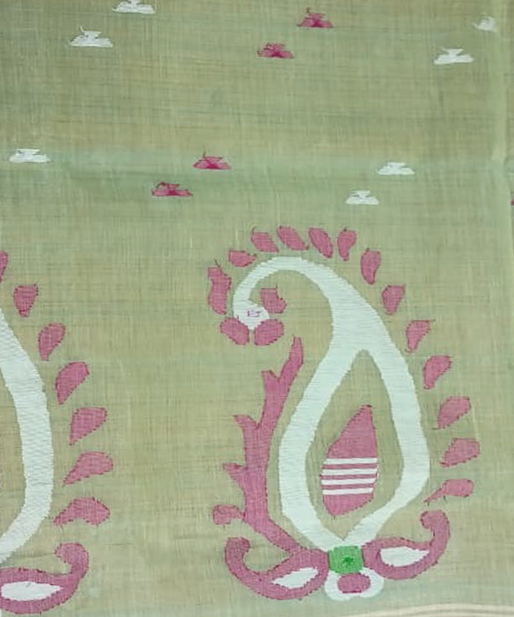 Tantuja olive green handloom cotton jamdani saree