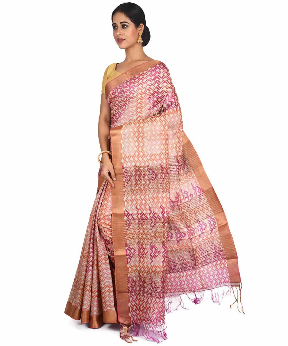 Peach hand block printed handwoven mulberry and tussar silk saree