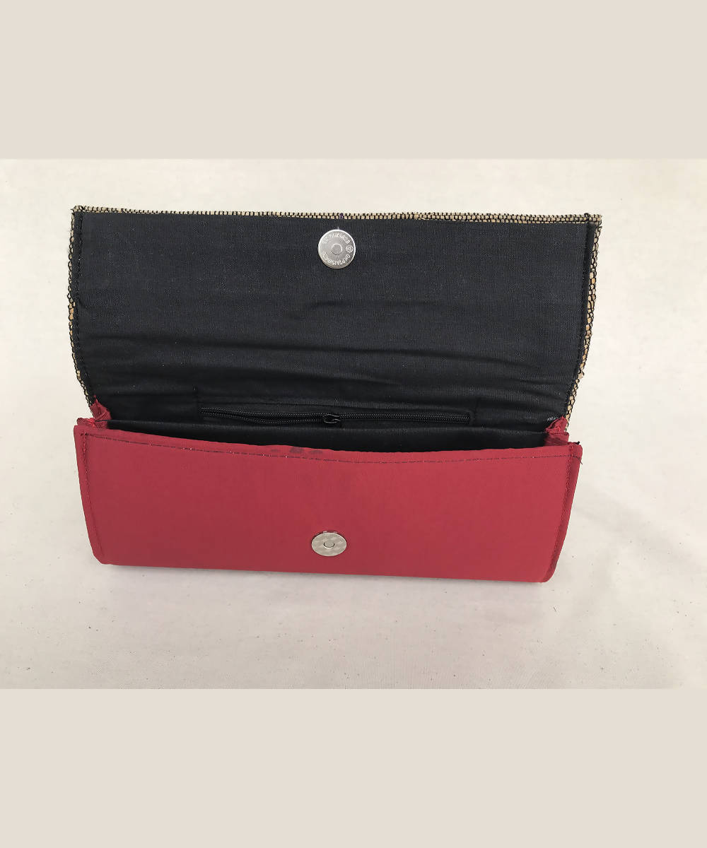 Red with taffeta body handmade banana fibre clutch