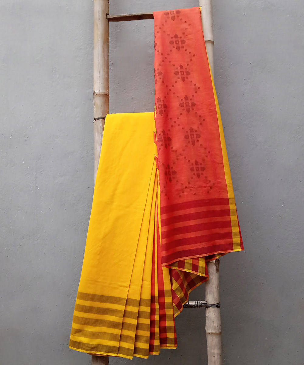 Red yellow hand woven extra weft cotton silk saree