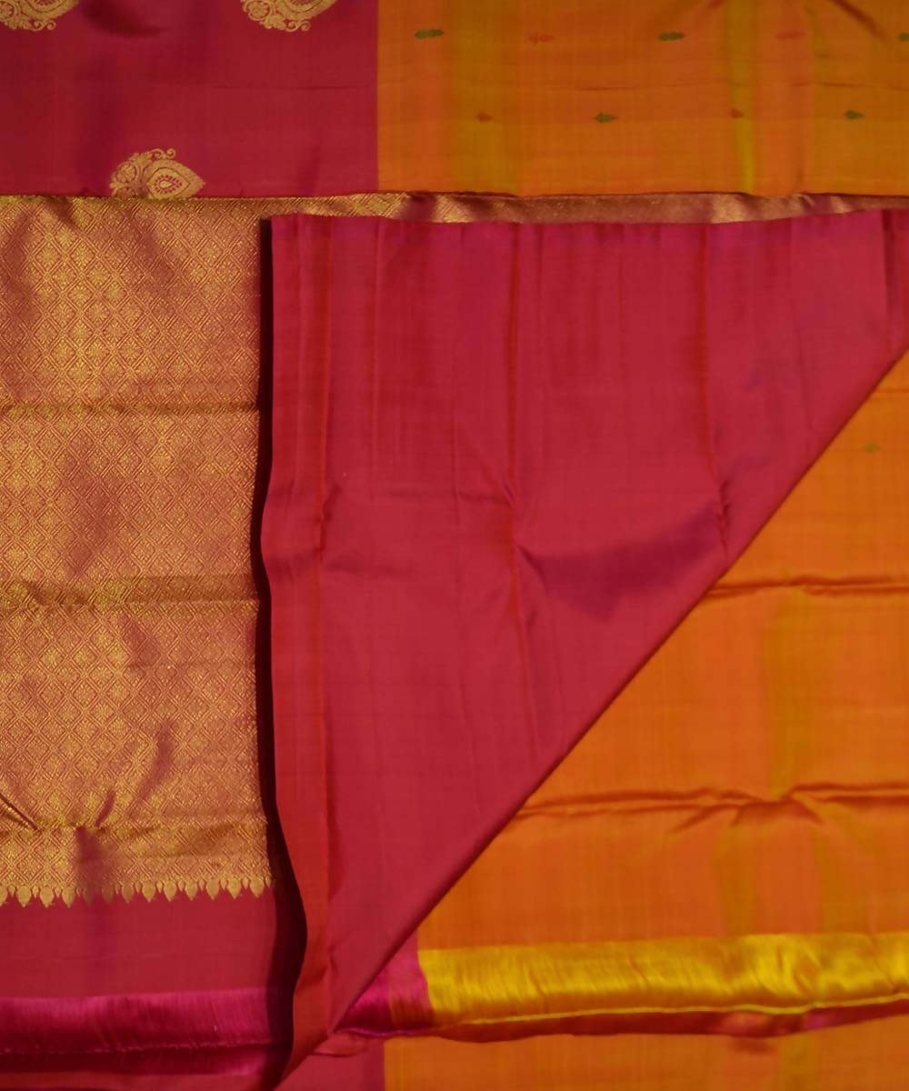 Mustard Maroon Floral Motif Dharmavaram Silk Saree