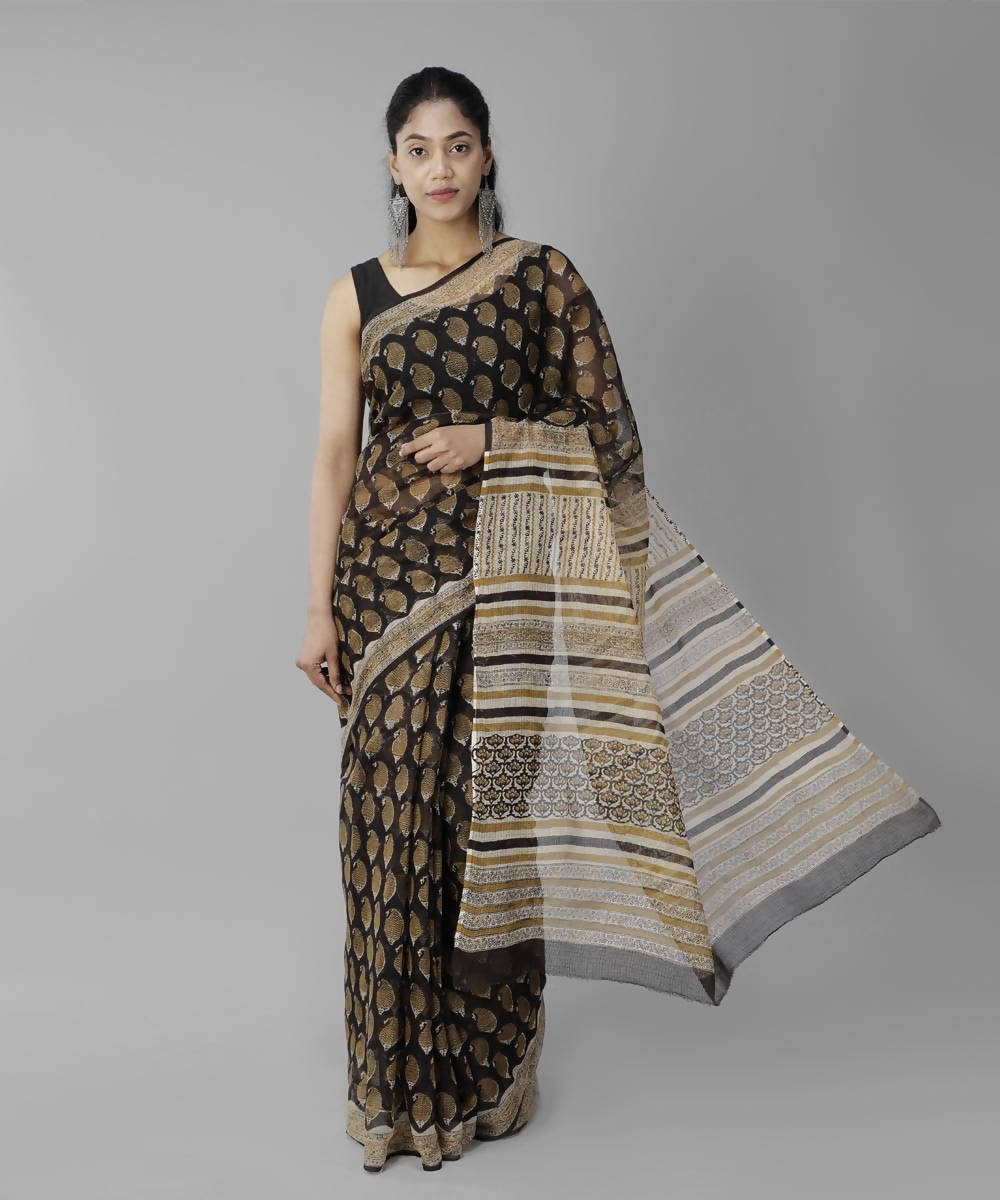 Black beige bagru handblock printed cotton saree
