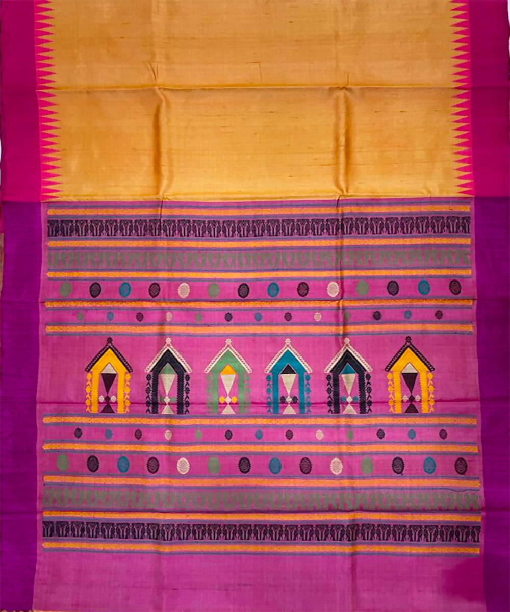 Fire yellow pink handwoven dolabedi tussar silk saree