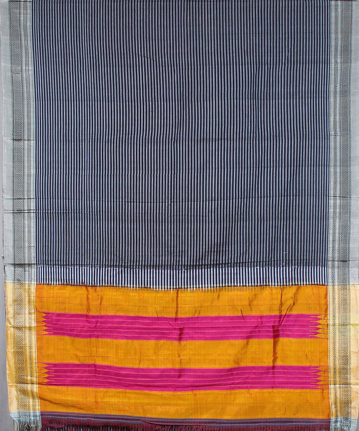 navy grey stripes handwoven chikki paras border ilkal saree