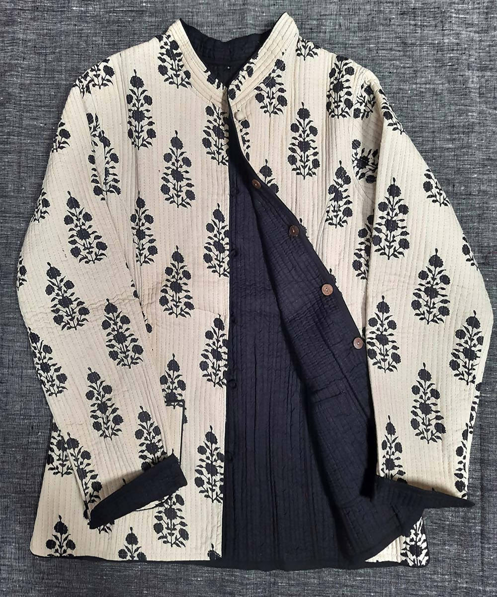 White and black block printed reversible jacket with cotton quilting