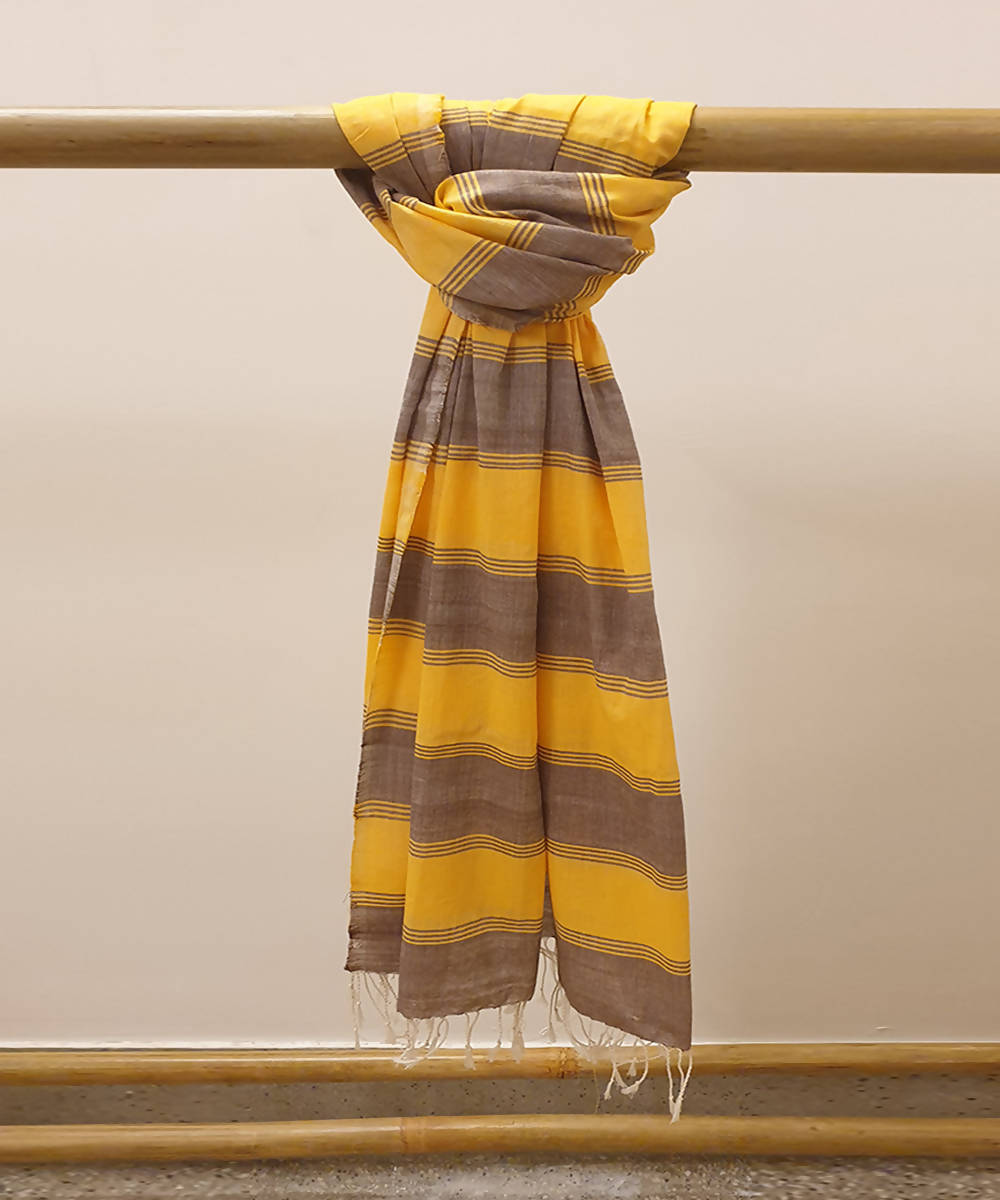 Yellow brown striped assam handloom cotton stole