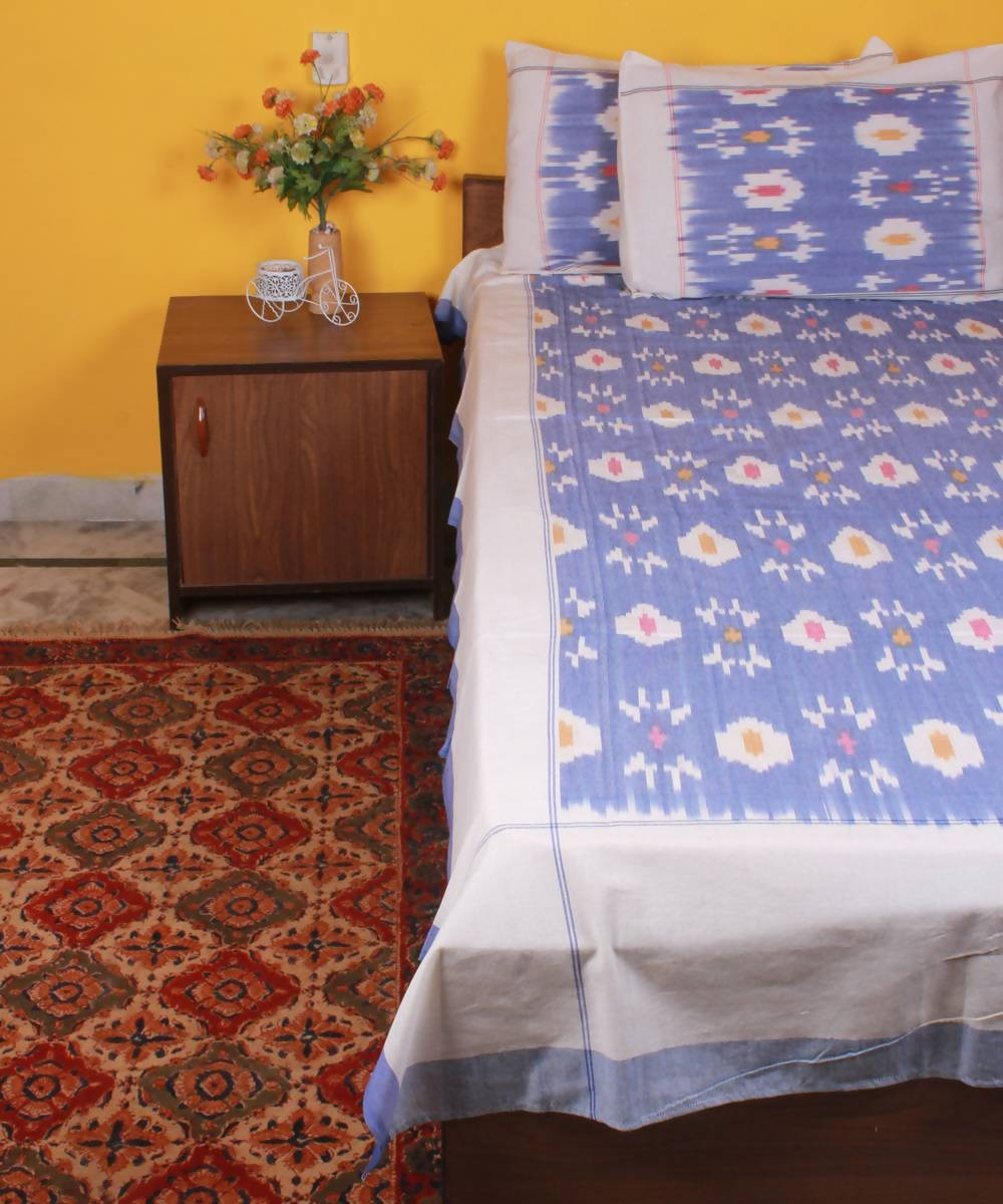 Sky Blue Handloom Ikkat Cotton Bedsheet