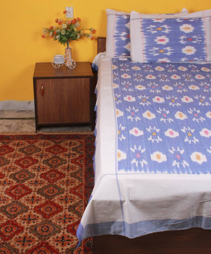 Sky Blue Handloom Ikkat Cotton Bedsheet