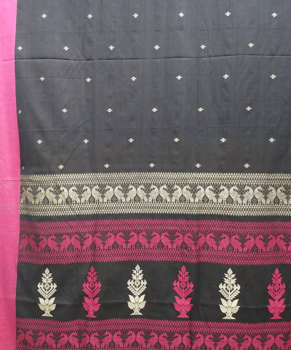 Black and pink handspun handwoven cotton bengal saree