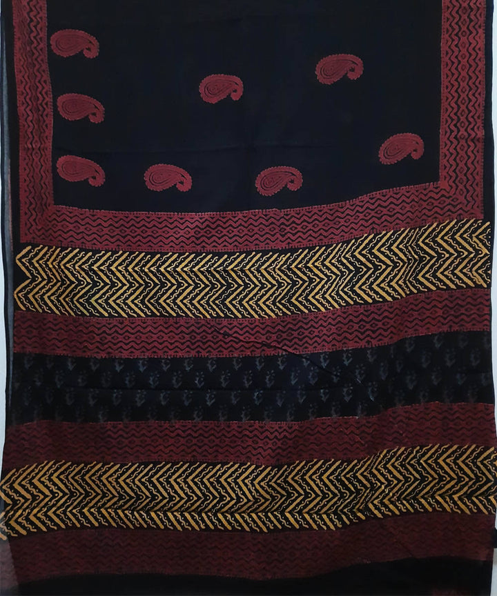 Black red yellow hand block printed cotton saree