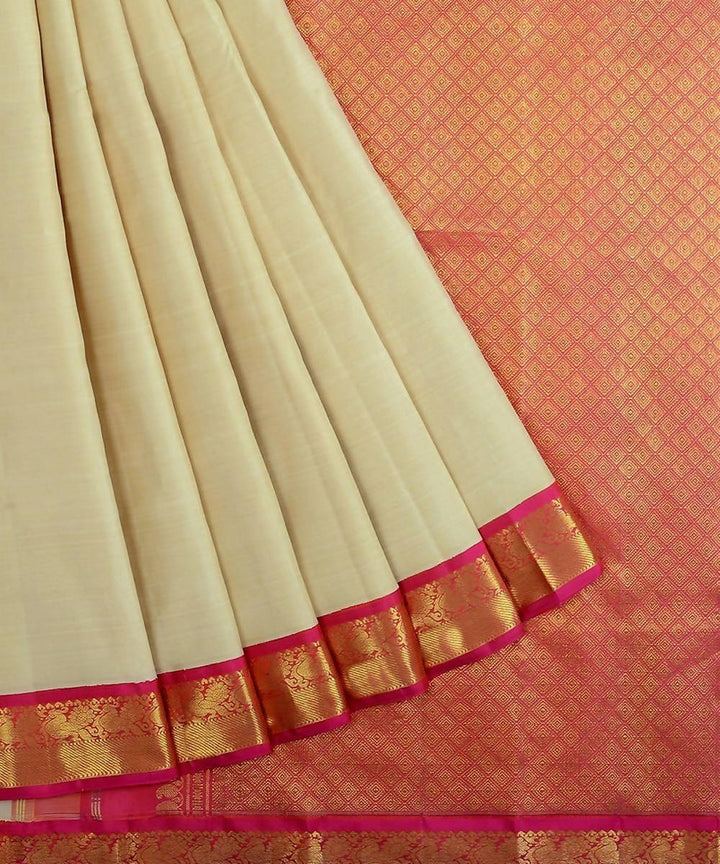 Off white and pink handloom kanjivaram bridal silk saree