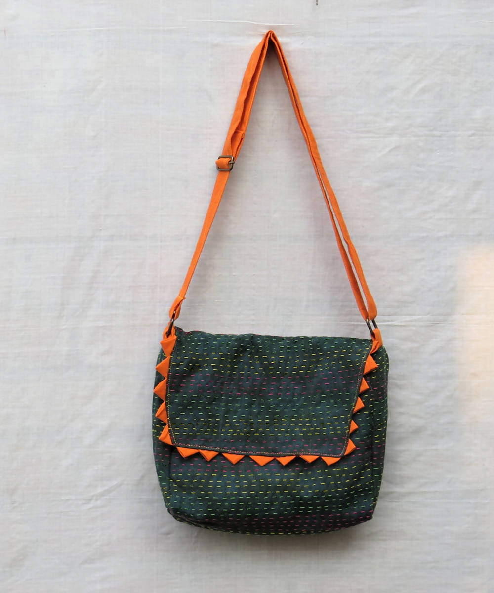 Dark green orange handmade vegetable dye cotton bag