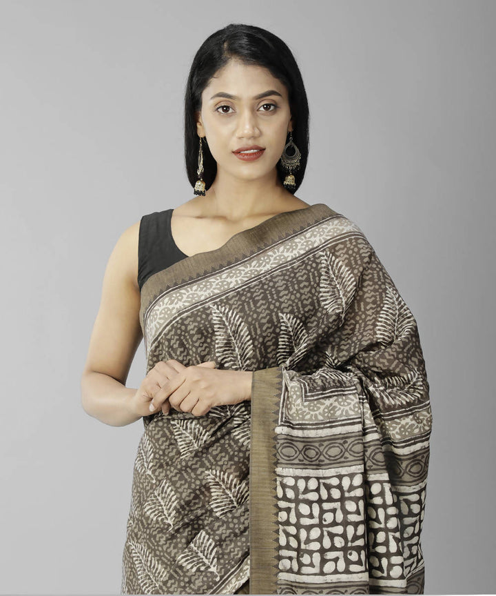 Dark brown bagru handblock print cotton silk saree