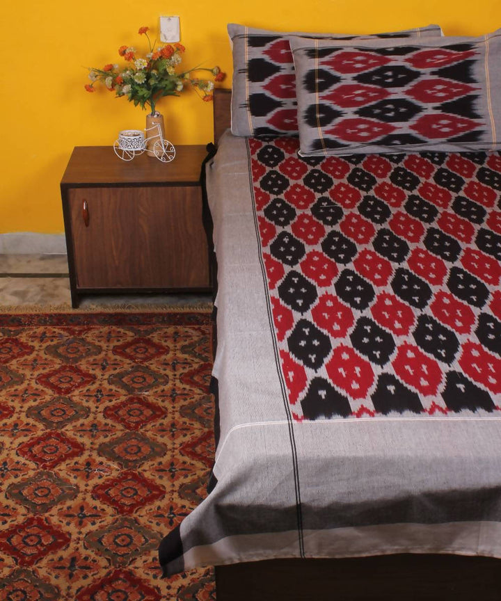 Red Black Handloom Ikkat Cotton Bedsheet