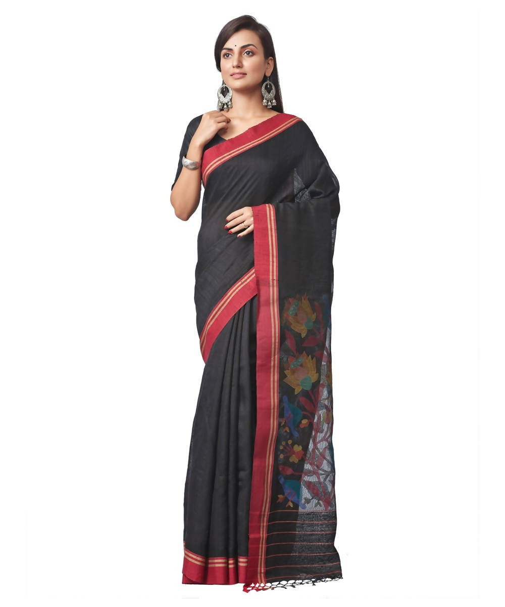 Biswa bangla handloom matka silk black jamdani saree