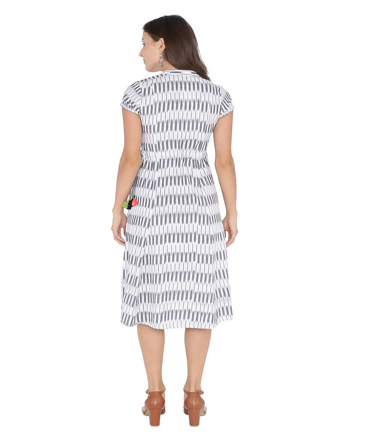 Grey and white ikat a line cotton dress with drawstring waist