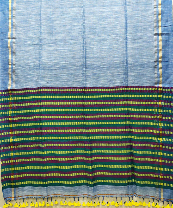 Cyan blue light green handloom handspun cotton saree