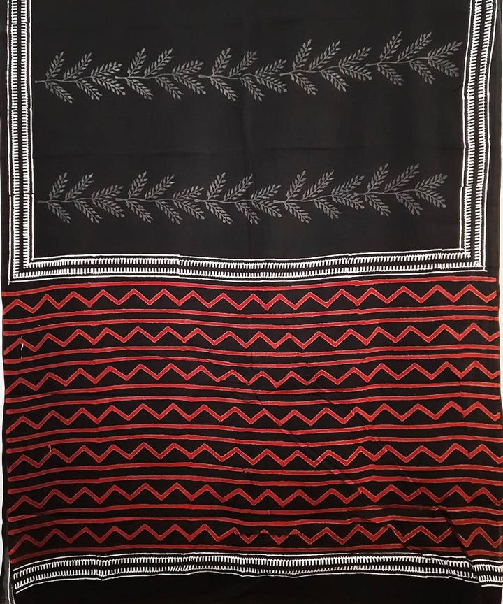 Black red grey hand block print cotton saree