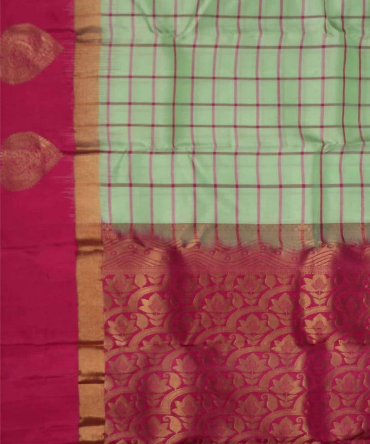 Pista Green Rani Pink Handloom Checks Soft Silk Saree