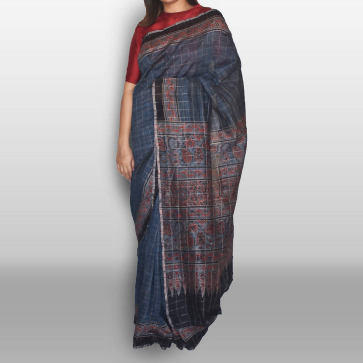 Indigo ajrakh saree on chanderi silver checks