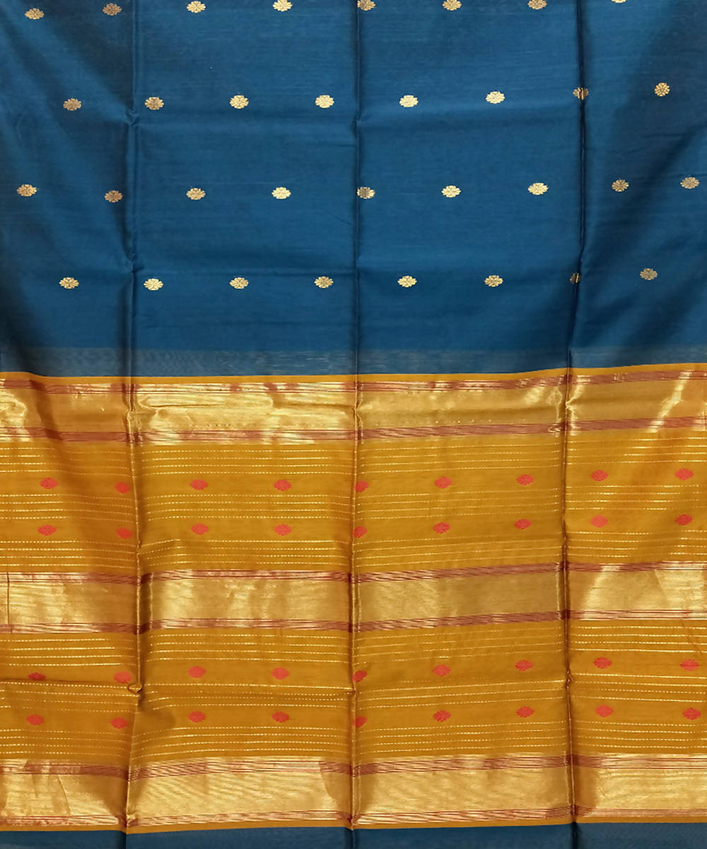 Dark cerulean blue golden handwoven cotton silk maheshwari saree