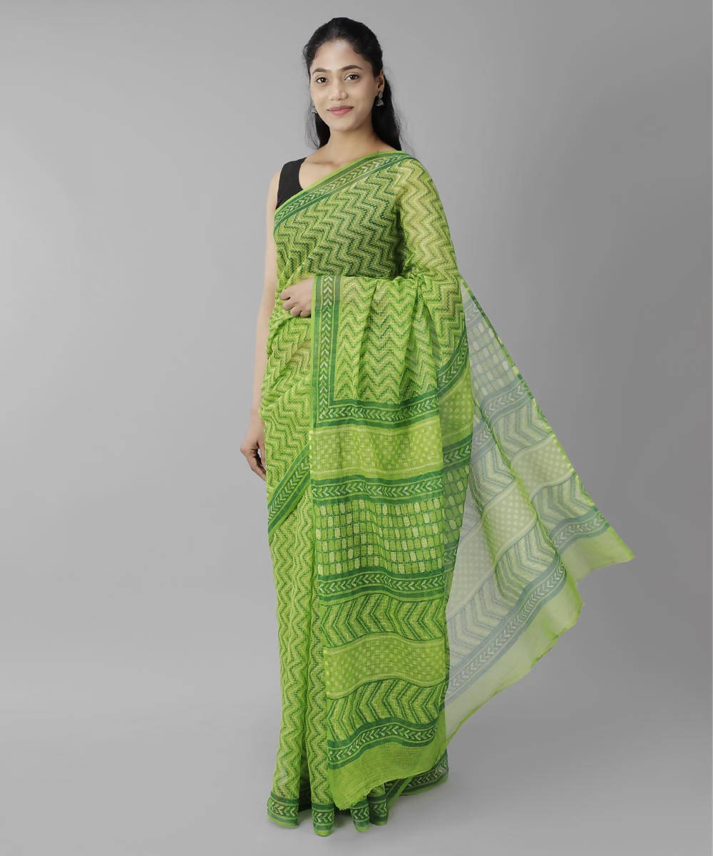Green bagru handblock printed cotton saree