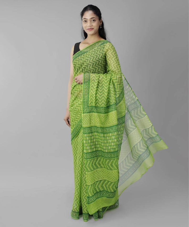 Green bagru handblock printed cotton saree