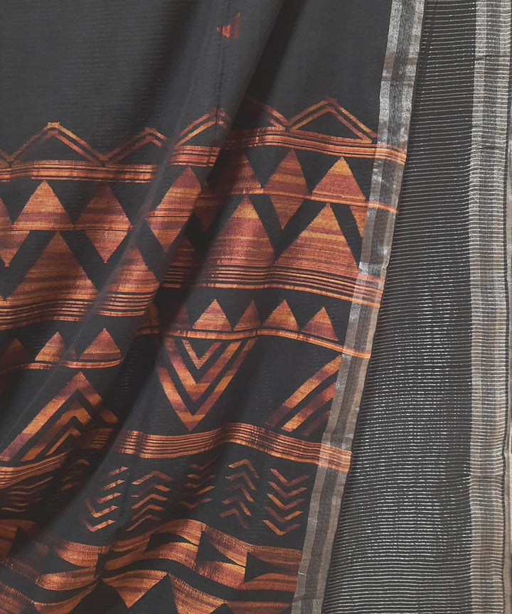 Handloom black and brown jamdani muslin saree with silver zari border