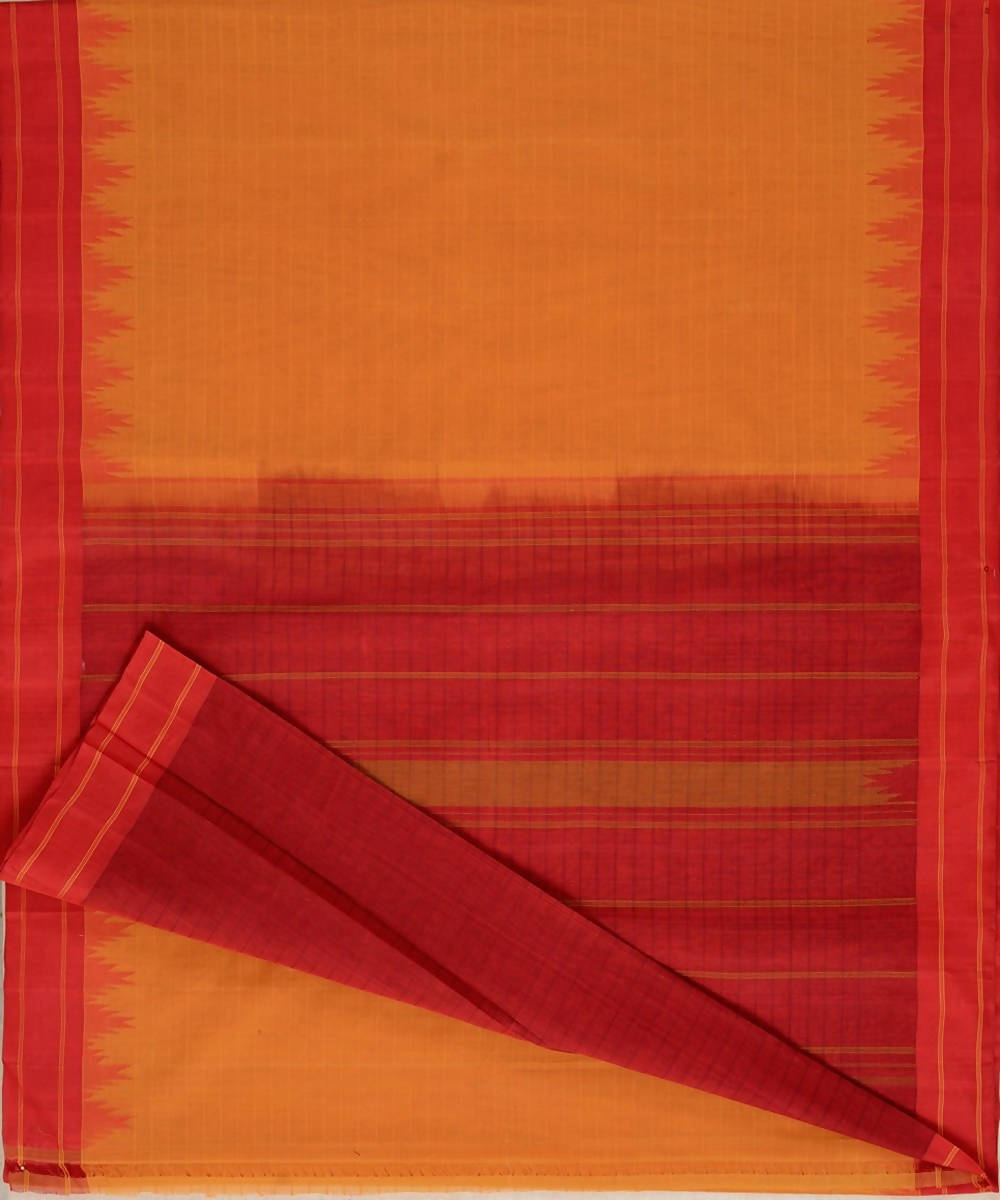 Mustard handloom kanchi cotton saree red silk korvai temple border
