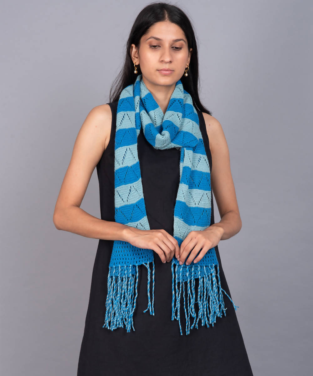 Blue platinum knitted panchachuli wool blend pashmina scarf