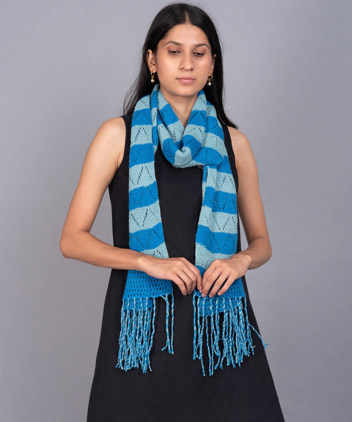 Blue platinum knitted panchachuli wool blend pashmina scarf