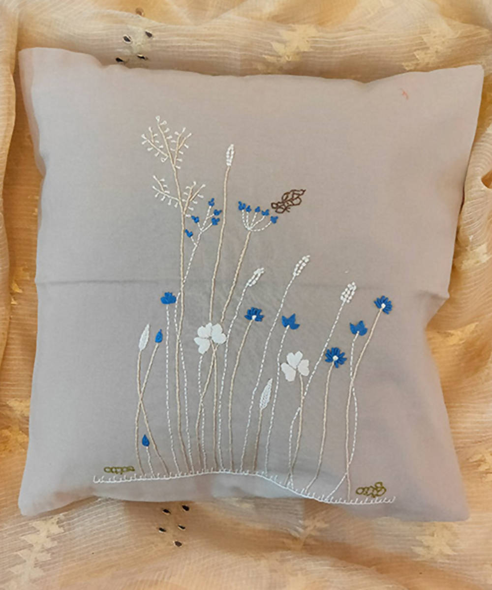 Grey hand embroidery floral cotton cushion cover