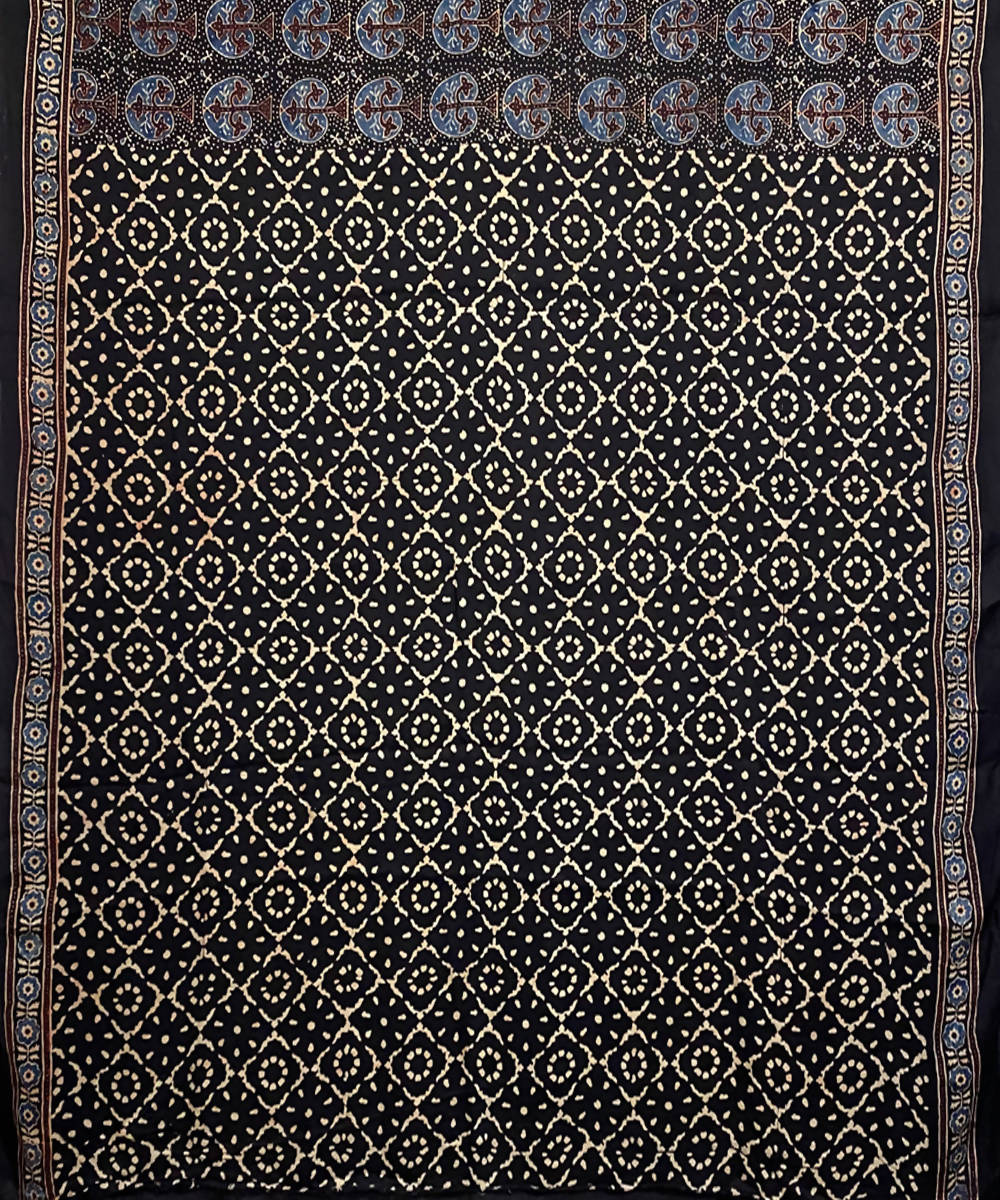 Black hand printed ajrakh modal silk saree