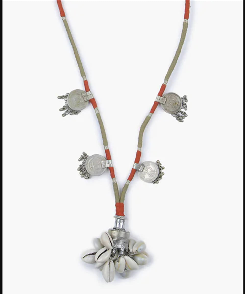 Boho repurposed metal and cowry necklace with fine thread wrapping