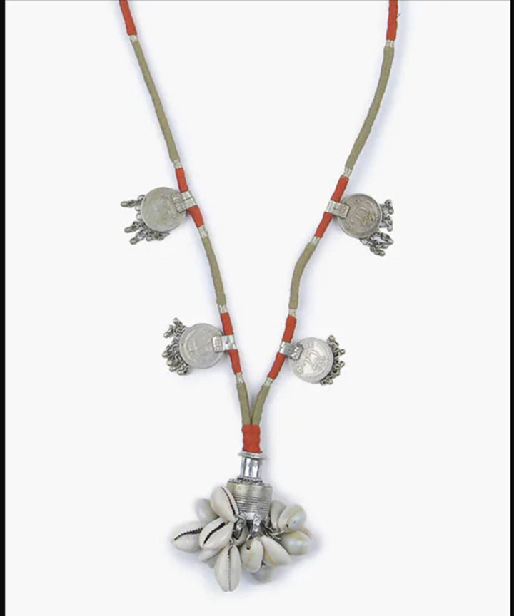 Boho repurposed metal and cowry necklace with fine thread wrapping