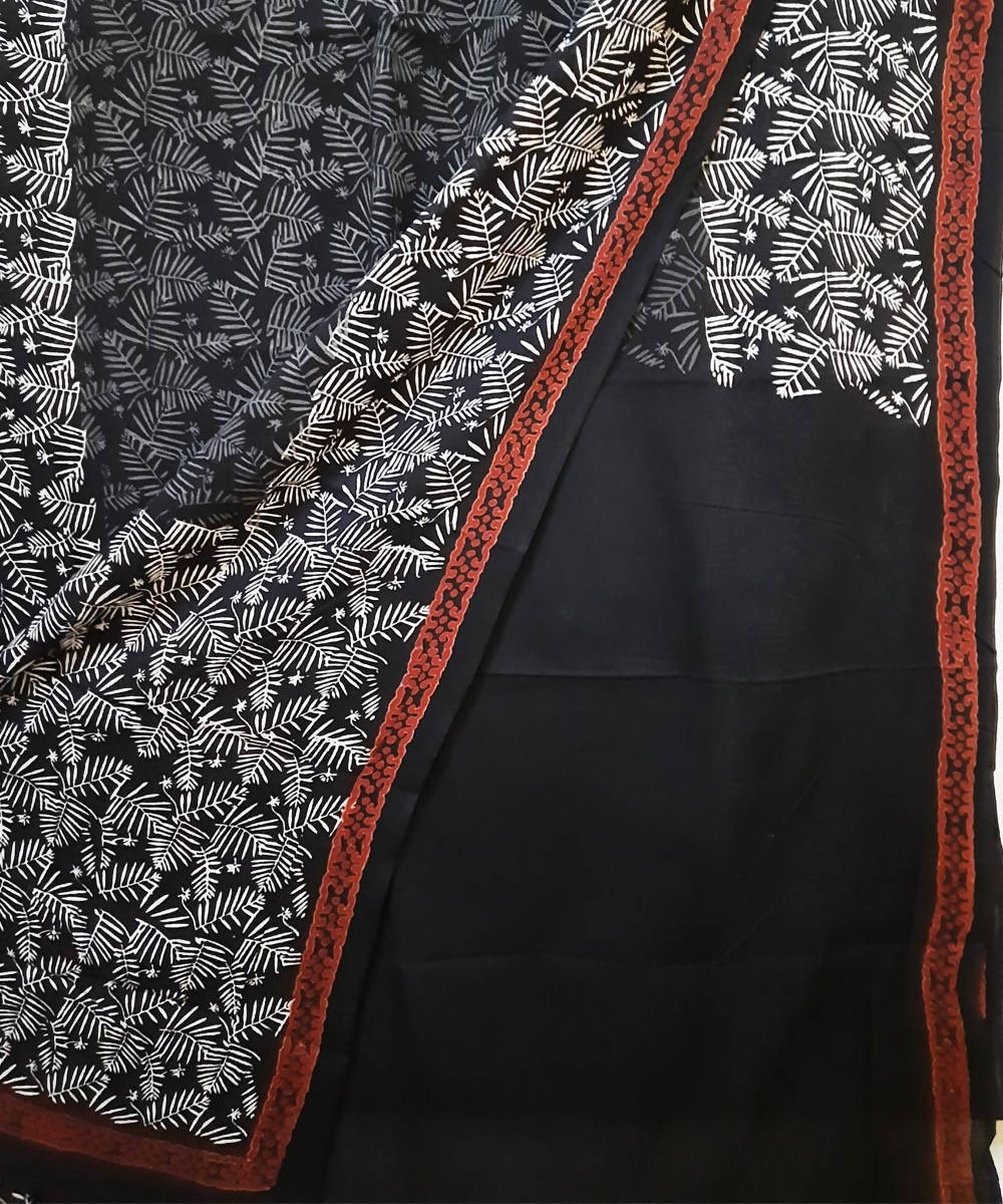 Black grey white hand block print cotton saree