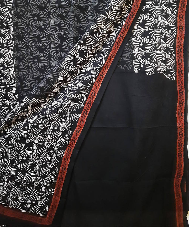 Black grey white hand block print cotton saree