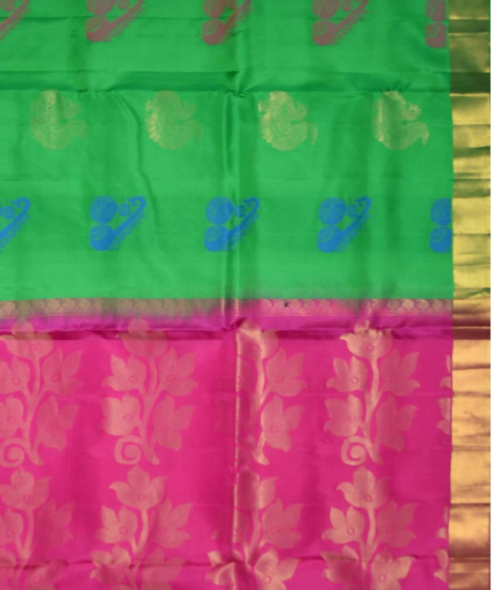 Parrot Green Pink Handloom Embossed Work Soft Silk Saree