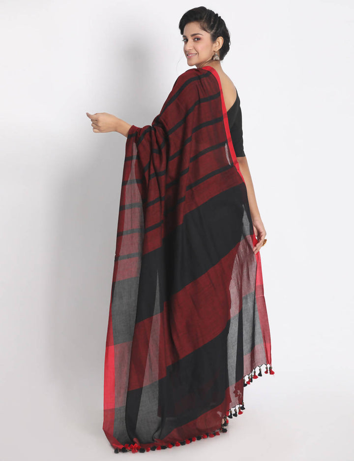 Black red check handspun handwoven cotton saree